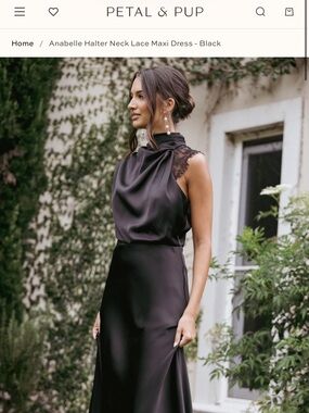 Petal & Pup Black Satin Halter Lace Maxi Dress